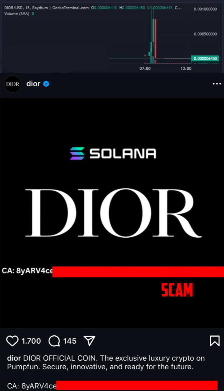 Хакеры взломали Instagram-аккаунт бренда Dior  Пиарили СКАМ-токен на блокчейне Solana  #SOL .  Рыночная капитализация токена Dior Coin  DIOR  взлетела в моменте до 1,000,000$, и традиционно обнулилась после удаления поста и восстановления доступа к аккаунту.