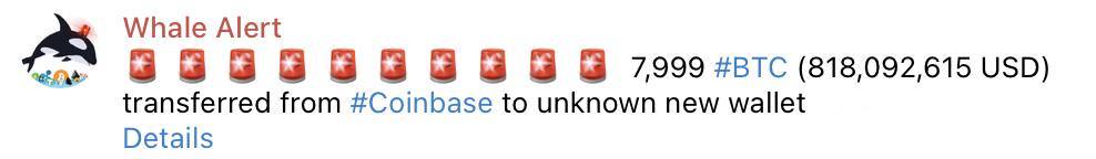 С биржи Coinbase было выведено 7,999 BTC, что составляет $818 миллионов. Оставайтесь в курсе последних новостей вместе с