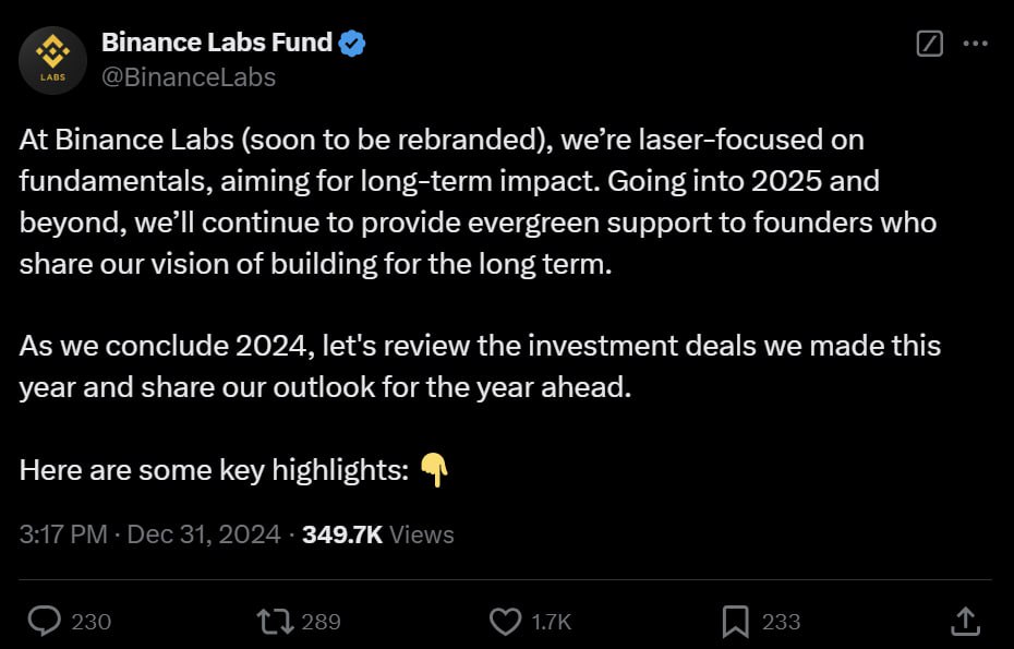 В 2025 году в Binance Labs проведут ребрендинг.   Binance Labs – инвестиционное подразделение биржи Binance.   Чанпэн Чжао  CZ  вернулся и начнет лично участвовать в отборе проектов  Интересно в каком виде, гендиром ему запретили или поменяли немного название и так пойдет .    В 2024 году мы инвестировали в 46 криптопроектов.    Приход к власти администрации Дональда Трампа, вероятно, усилит институциональный интерес к криптовалюте + увеличит инвестиции в криптоиндустрию.    Наш фокус на 2025: блокчейн, AI-технологии, биотехнологии.   Мы ожидаем возрождения секторов GameFi, ZK и решений для обеспечения конфиденциальности ++ существующие нарративы  DeSci, RWA/стейблкоины и AI-агенты  продолжат успешно развиваться в новом году.   Мы расширяем сферу наших инвестиций: теперь это не только первичный рынок, но и OTC, вторичный рынок.