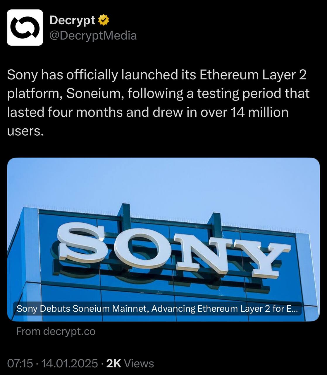 Sony запустила основну мережу Soneium.   За 4 місяці тестування було оброблено 47 млн транзакцій і залучено понад 14 млн користувачів.   Мета – інтеграція Web3 в повсякденне життя та підтримка творців контенту.   Sony планує використовувати Soneium для фільмів, музики та ігор, створюючи новий шар "розваг" у Web3.   CryptoFace