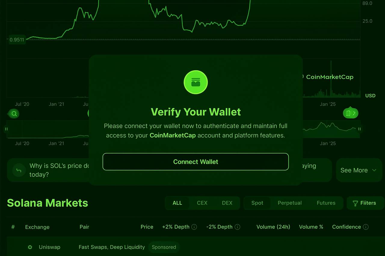 CoinMarketCap подвергся атаке Сегодня ночью сайт CoinMarketCap был скомпрометирован. Пользователи столкнулись с вредоносными всплывающими окнами, в которых предлагалось «проверить кошелек». Не переходите по подозрительным ссылкам и не вводите данные от своих кошельков. Официальных сообщений от команды CMC пока не было — будьте осторожны!