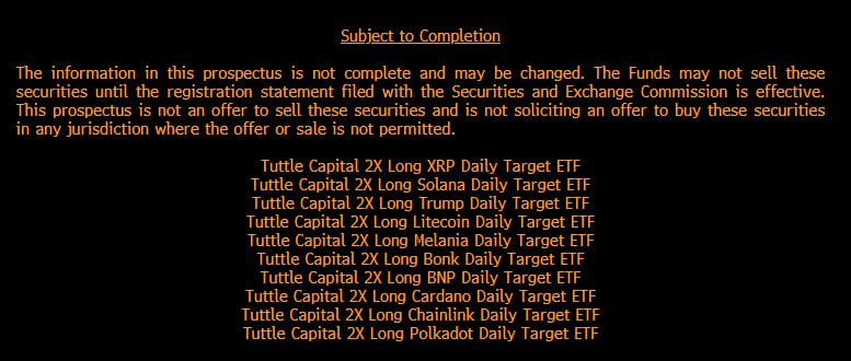 В SEC подали 10 заявок на разные ETF  Компания Tuttle Capital подала заявки в SEC на 10 различных ETF с кредитным плечом на базе таких криптовалют: DOT, XRP, SOL, LTC, ADA, LINK, TRUMP, MELANIA, BNP, BONK.  Биткоин туда годами пробовали добавить в конце концов еле одобрили. Ладно еще топовые монеты с технологиями, но тут какое то г  TRUMP, MELANIA, BONK пытаются пропихнуть в ETF, серьезно? Не удивлюсь если одобрят