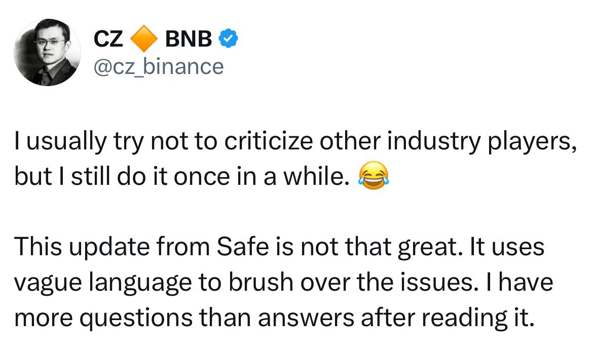 CZ раскритиковал отчет компании Safe про взлом Bybit - вкратце, льют много воды  Почитайте кому интересно, сам пост CZ и отчет про взлом.    Ataman     Чат   Circle 1%   Bybit     BingX     OKX