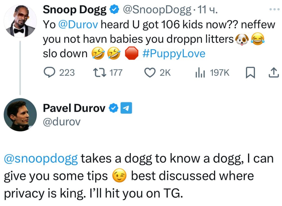 Snoop Dogg и Павел Дуров задумали что-то совместное слегка поконфликтовали в X.   Повод — сотня детей Дурова.   Snoop: «Ты не детей заводишь, а целые выводки щенков. Притормози немного».  Павел: «Чтобы понять догга, нужно самому быть доггом. Обсудим это там, где правит приватность — в Telegram».