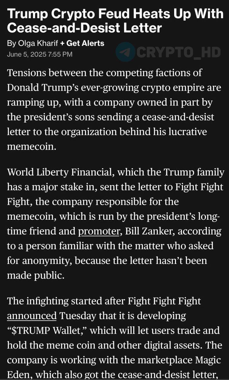 #инсайд Bloomberg: Конфликт в крипто-империи Дональда Трампа… Компания World Liberty Financial где у семьи Трампа крупная доля направила письмо с требованием прекратить деятельность организации Fight Fight Fight, которая управляет популярным мемкоином #TRUMP. Причина: недобросовестное использование имени Трампа в проекте, неизвестном семье. Суть конфликта: Fight Fight Fight анонсировала разработку TRUMP Wallet совместно с Magic Eden #ME . Дональд Трамп-младший публично раскритиковал проект в социальных сетях. Эрик Трамп рекомендовал быть осторожнее с использованием имени Трампов в неодобренных проектах. World Liberty Financial готовит к выпуску собственный кошелек. Crypto Headlines