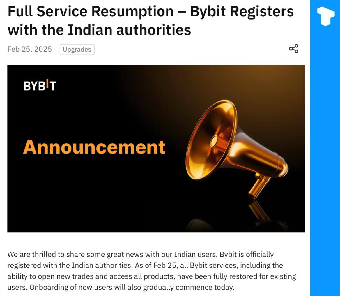 ByBit прошла официальную регистрацию в индийских органах власти,  восстановив с 25 февраля все сервисы для существующих пользователей, включая возможность открывать новые сделки и получать доступ ко всем продуктам.    Телеграм  Х     Сообщество  Источник