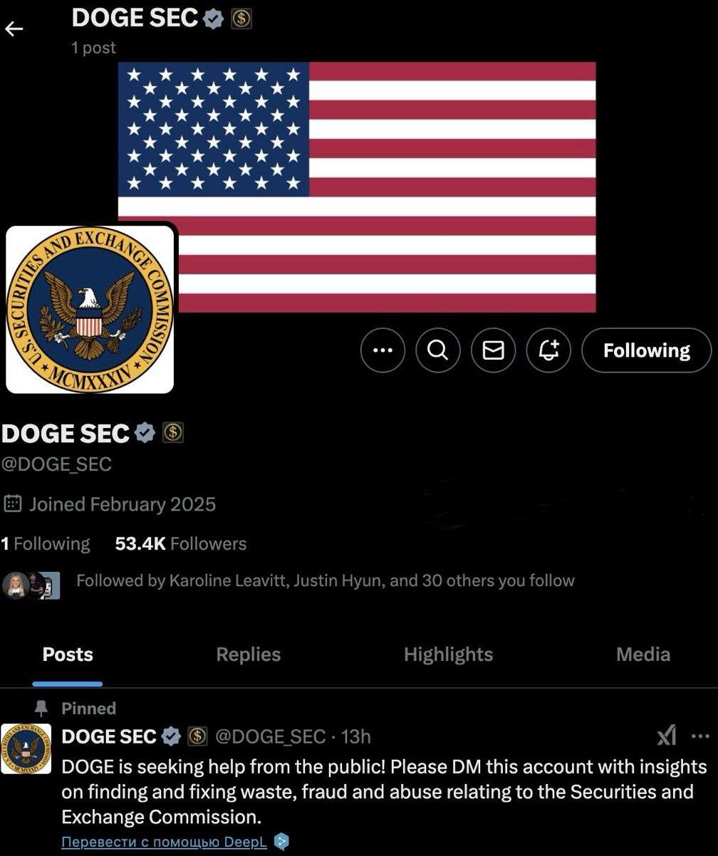 D.O.G.E.  Department of Government Efficiency  проведет аудит SEC.     В Twitter уже создан специальный аккаунт для DOGE SEC.