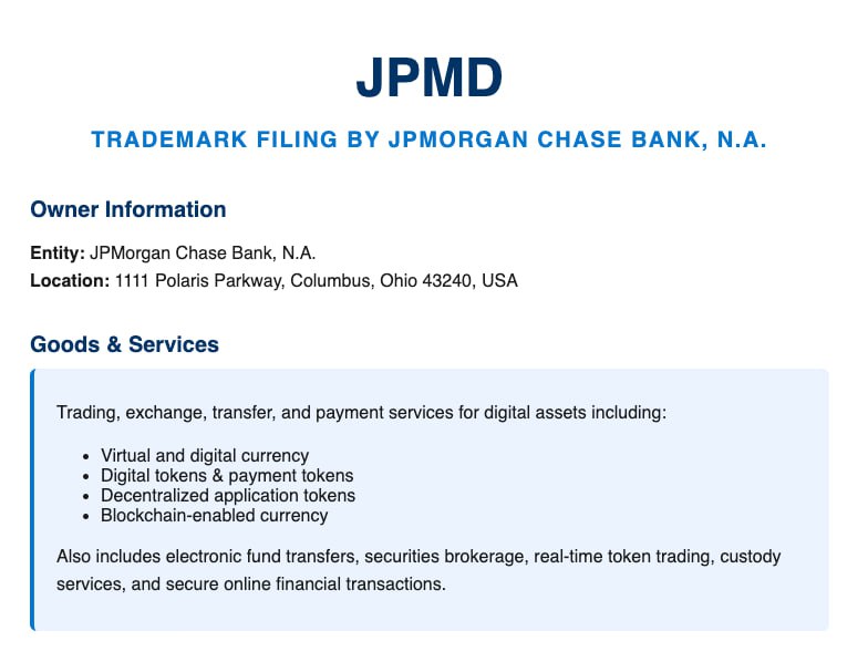 Банк JPMorgan подал заявку на регистрацию торгового знака "JPMD" для цифровых и криптовалютных платежных услуг. Наши ссылки Торгуем на Bybit Торгуем на BingX Pro Energy