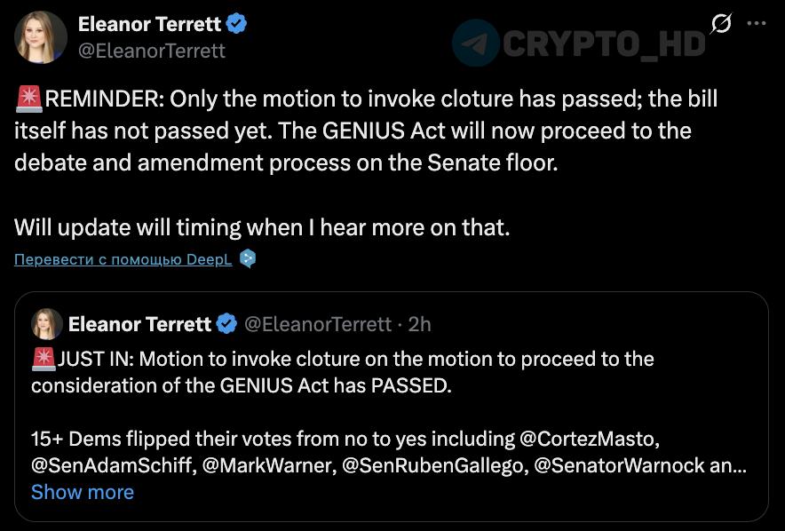 В Сенате США состоялось голосование по “закрытию дебатов” по GENIUS Act — Элеанор Терретт Теперь законопроект перейдет к обсуждению и внесению поправок на заседании Сената. Ранее: - анонс голосования - сложное лето Crypto Headlines