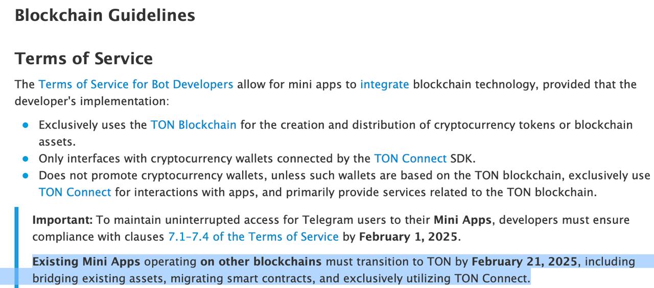 Telegram объявил, что сторонние криптокошельки должны перейти на протокол TON Connect, а все Mini Apps обязаны мигрировать на блокчейн TON до 21 февраля, иначе их работа будет приостановлена.    Это вызвало беспокойство среди некоторых разработчиков, которые сомневаются в приверженности Telegram принципам децентрализации.   Крипто ТВ