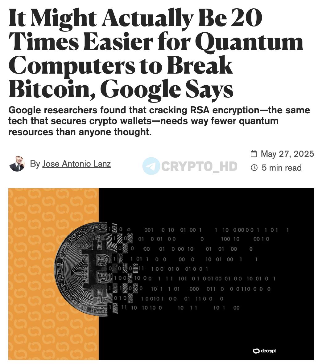 Google: Квантовые компьютеры смогут взломать Биткоин гораздо раньше, чем ожидалось. Исследователи Google заявили — чтобы взломать RSA-шифрование, нужно в 20 раз меньше квантовых ресурсов, чем считалось ранее. Если раньше требовалось 20,000,000 кубитов, теперь достаточно менее 1,000,000 — и взлом может занять всего несколько дней. Пока текущие квантовые компьютеры например, IBM Condor — 1,121 кубит далеки от цели, но тренд — тревожный. Ранее: - мнение BlackRock - одна из причин коррекции Биткоина - мнение CEO Tether - Биткоины Сатоши Накамото Crypto Headlines
