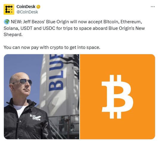 Blue Origin Джеффа Безоса теперь принимает BTC, Ethereum, Solana, USDT и USDC для оплаты космических полётов на борту New Shepard.  Торговый клуб   Поддержка