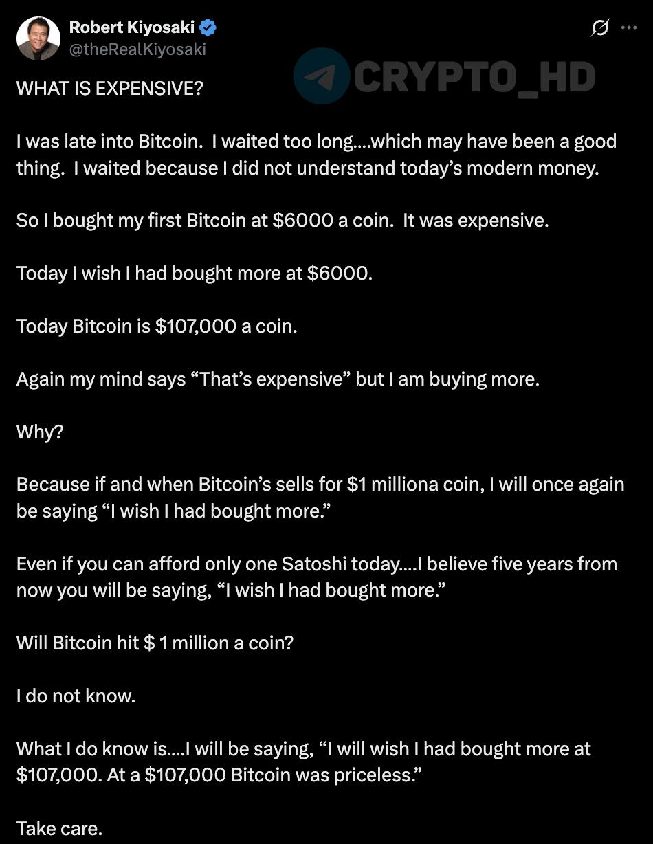 «Буду жалеть, что не купил больше BTC по 107,000$».  Роберт Кийосаки признался, что долго не понимал, как устроены современные деньги и поэтому поздно начал покупать Биткоин.    Первую монету он купил по 6,000$ — тогда это казалось дорого.    Сегодня BTC стоит 107,000$, и он снова покупает, несмотря на внутренний голос: «Это дорого!»    Почему? Потому что если BTC когда-нибудь достигнет 1,000,000$, он опять скажет: «Жаль, что не купил больше».  Ранее: крах денежной системы   Crypto Headlines