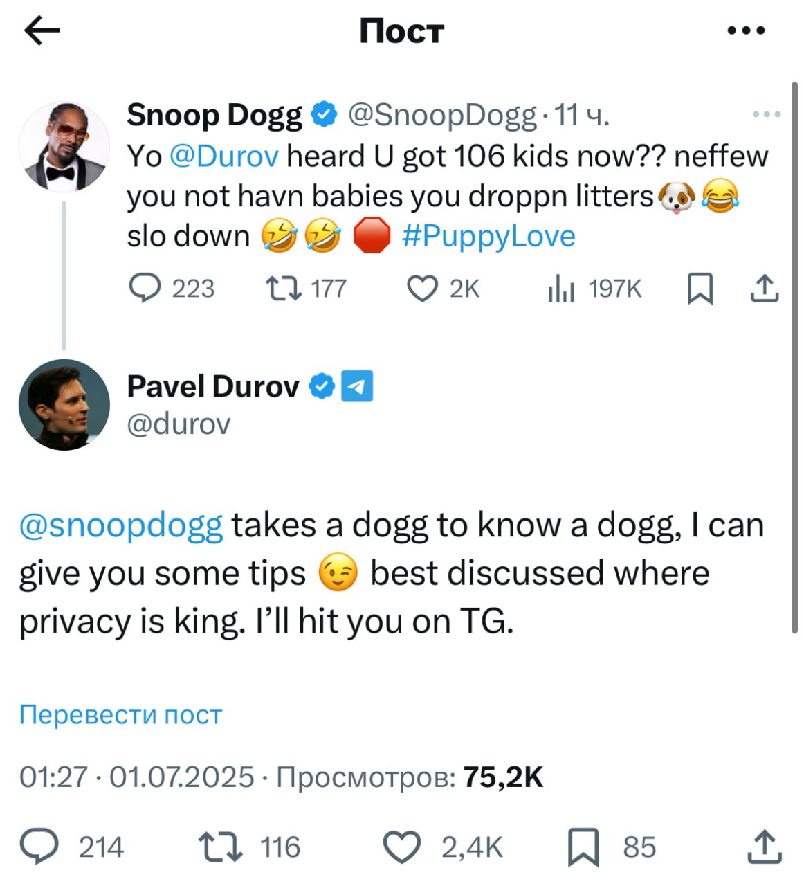 Snoop Dogg пошутил о детях Дурова, тот предложил продолжить разговор в Telegram  Между Snoop Dogg и Павлом Дуровым состоялась переписка в X. Поводом стал пост Дурова 2024 года, в котором основатель Telegram сообщил, что стал отцом более 100 детей в 12 странах через анонимное донорство. Рэпер прокомментировал: «Ты не детей заводишь, а целые выводки щенков. Притормози немного».  Дуров ответил: «Чтобы понять догга, нужно самому быть доггом. Обсудим это там, где правит приватность — в Telegram».  Snoop Dogg еще с 2021 года участвует в продвижении криптопроектов, особенно в сфере NFT. Ранее в этом году рэпер запустил собственный Telegram-канал.   В июне Дуров заявил, что блокчейн TON вышел на второе место после Ethereum по объему NFT-сделок, сославшись на популярность токенизированных стикеров и подарков в Telegram. После этого собственные наборы стикеров запустили популярные NFT-коллекции вроде BAYC  одна из самых известных коллекций с изображениями скучающих обезьян  и Azuki.   Переписка со Snoop Dogg, вероятно, может быть намеком на новые совместные инициативы.  Присоединяйтесь к форуму РБК Крипто