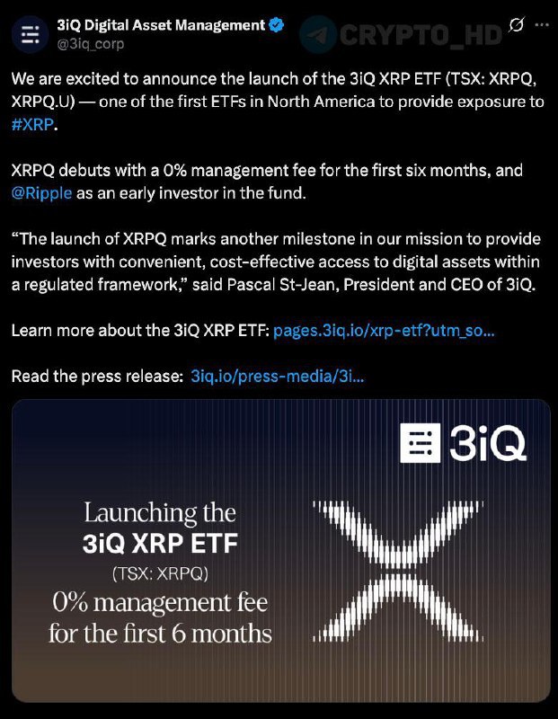 #XRP Сегодня на фондовой бирже Торонто состоится листинг Ripple ETF от 3iQ – анонс Ранее: Purpose Investments Crypto Headlines