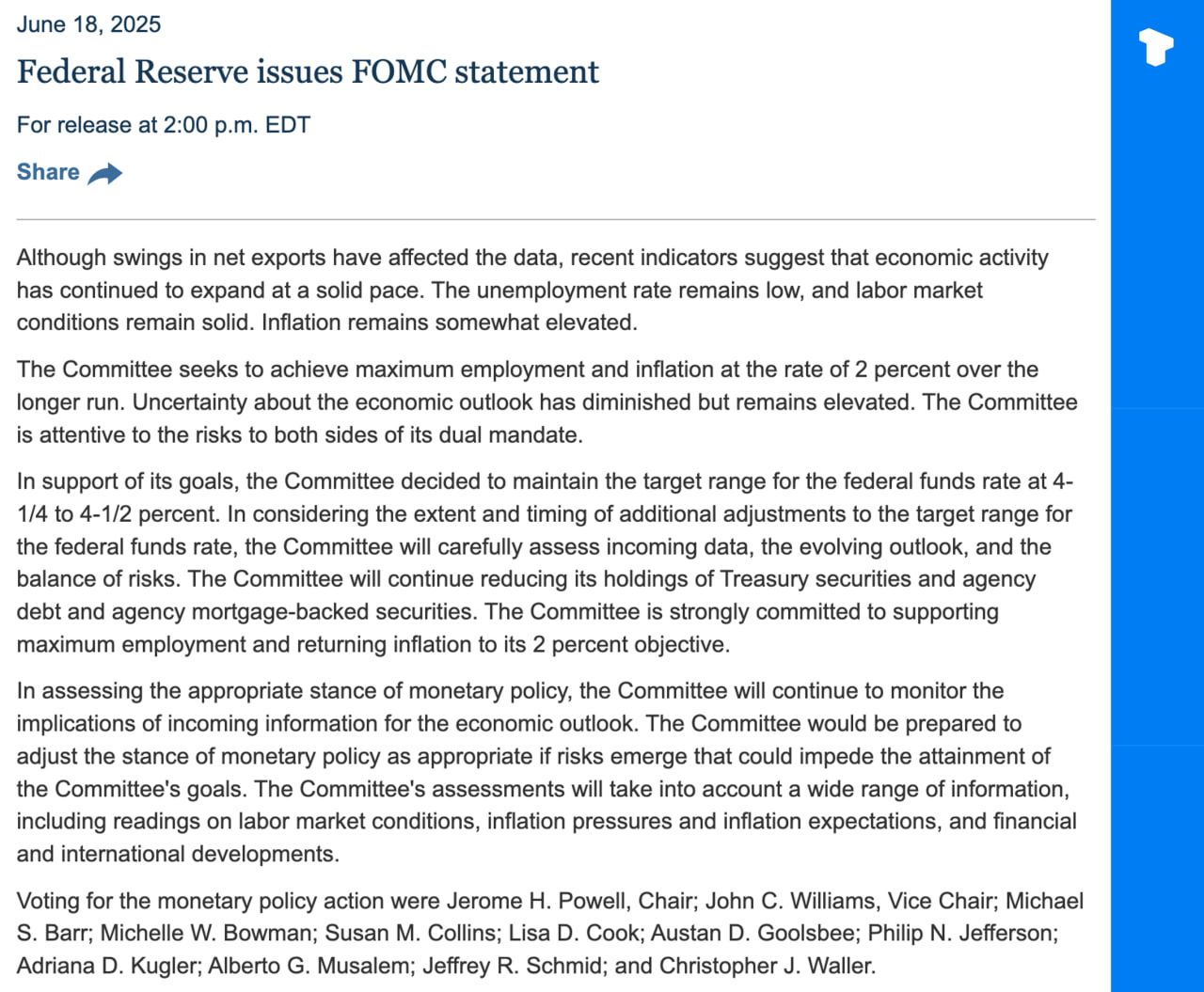Ключевые моменты последнего заявления ФРС FOMC:    Экономическая активность продолжает расти уверенными темпами, несмотря на колебания чистого экспорта.   Уровень безработицы остается низким, а условия на рынке труда стабильными.   Инфляция все еще несколько повышена   Сокращение баланса  QT  продолжится   ФРС остается приверженной своему двойному мандату: максимальная занятость и инфляция — 2%.   ФРС готова изменить свою политическую позицию в случае возникновения новых рисков    Телеграм  Х     Сообщество  Источник