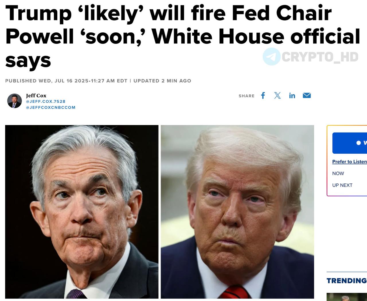 Дональд Трамп скоро уволит Джерома Пауэлла – CNBC со ссылкой на Белый дом. #слухи В сети начал всплывать день-Х – 4 августа. Ранее: - письмо - обсуждение Crypto Headlines
