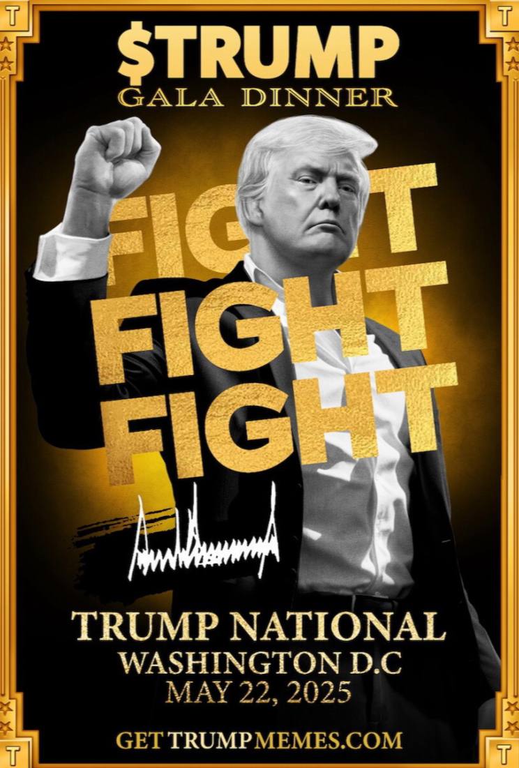GALA ужин с Трампом Трамп выложил анонс GALA ужина с ним, который пройдет 22 мая. Топ-холдеры токена смогут поужинать с президентом США. Монета TRUMP отреагировала на новость небольшим ростом.