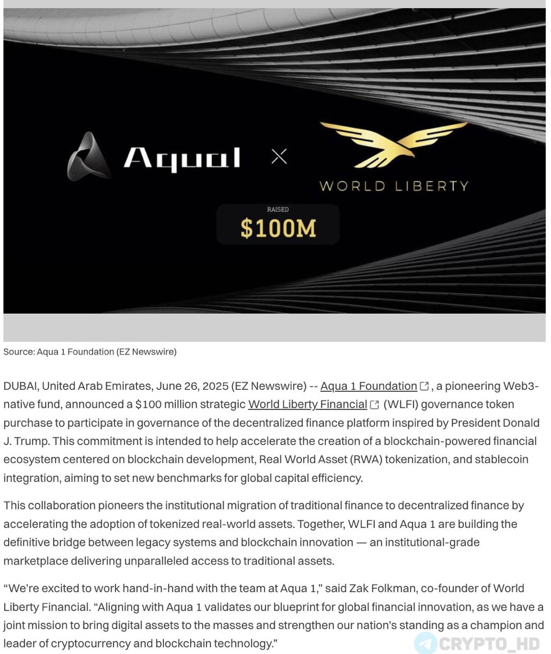 #WLFI Компания Трампа World Liberty Financial привлекла 100,000,000$ от фонда из ОАЭ Aqua 1 Crypto Headlines