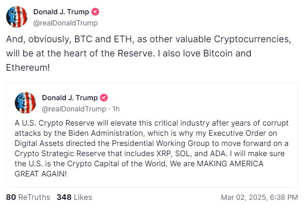 Трамп уточнил, что Bitcoin и Ethereum также войдут в криптовалютный резерв США.