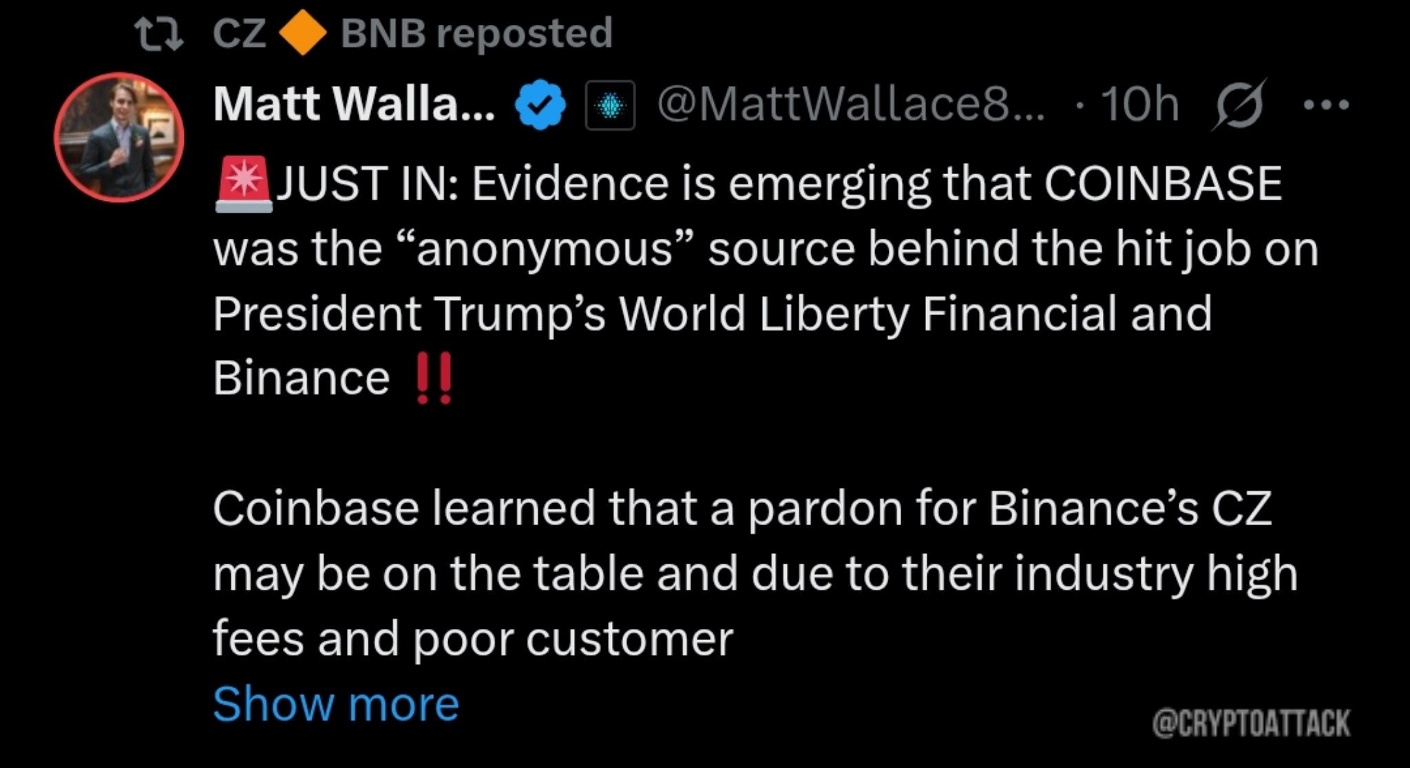 #BNB #COIN CZ репостнул твит, где утверждается, что Coinbase причастна к “анонимным” источникам сообщений для материалов Bloomberg, направленных против криптопроекта Трампа World Liberty Financial и Binance, так как руководители Coinbase якобы опасались возможного помилования CZ и возвращения Binance на рынок США. Ранее: CZ грозится подать в суд на Bloomberg