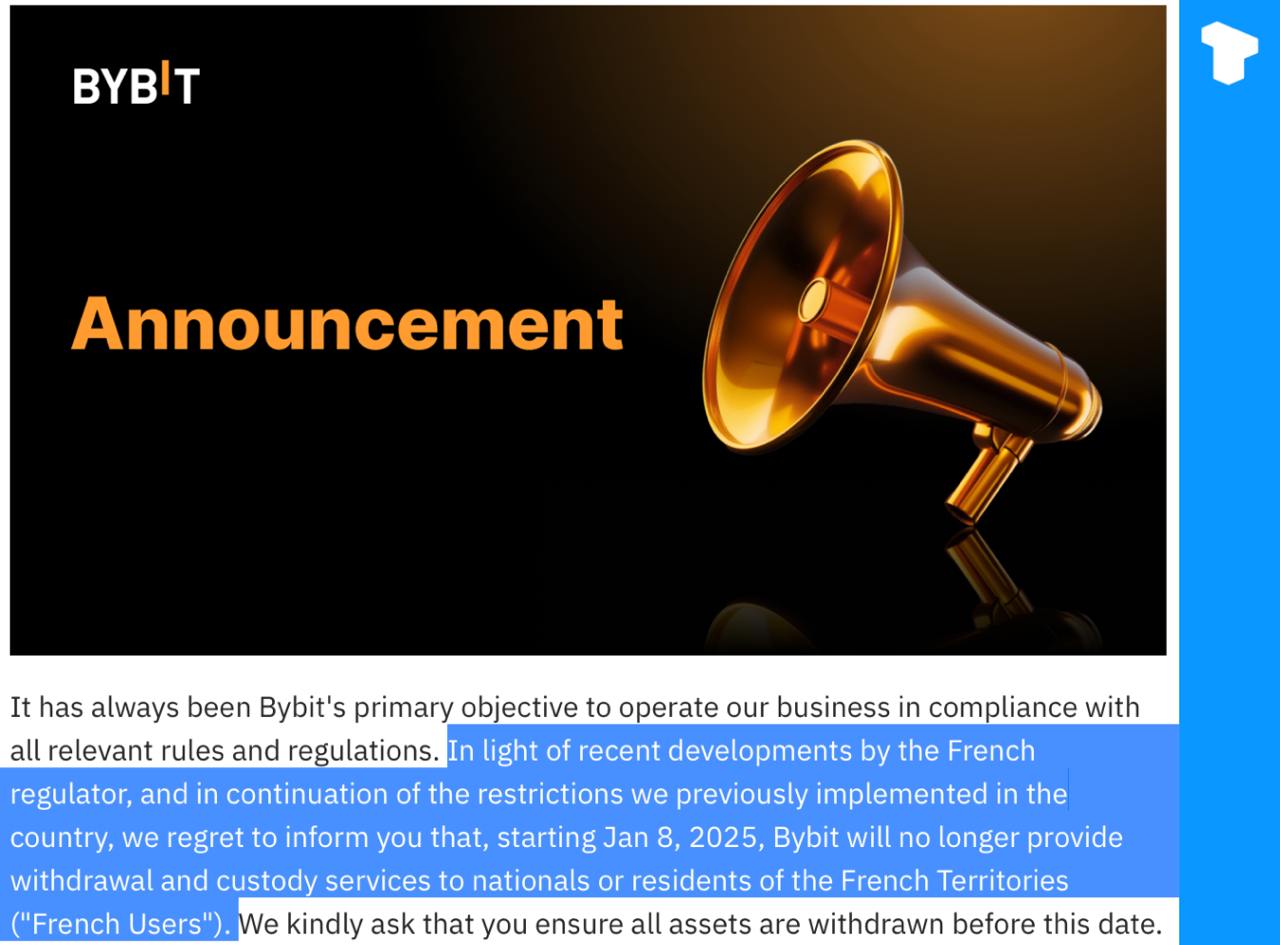 С 8 января 202 года Bybit прекращает предоставление услуг французским пользователям по выводу и хранению средств из-за недавних изменений в нормативно-правовой базе.  Пользователи должны вывести активы до этой даты, при этом к счетам, на которых хранится 10 USDC или меньше, будет применена комиссия в размере 10 USDC, а оставшиеся активы будут переведены на Coinhouse, регулируемую французскую платформу.    Телеграм  Х     Сообщество  Источник