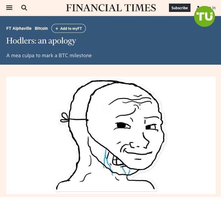 Извинения от Financial Times    Издание регулярно критиковало биткоин, но на фоне его роста свыше 100 тысяч и требований читателей Financial Times пришлось извиниться