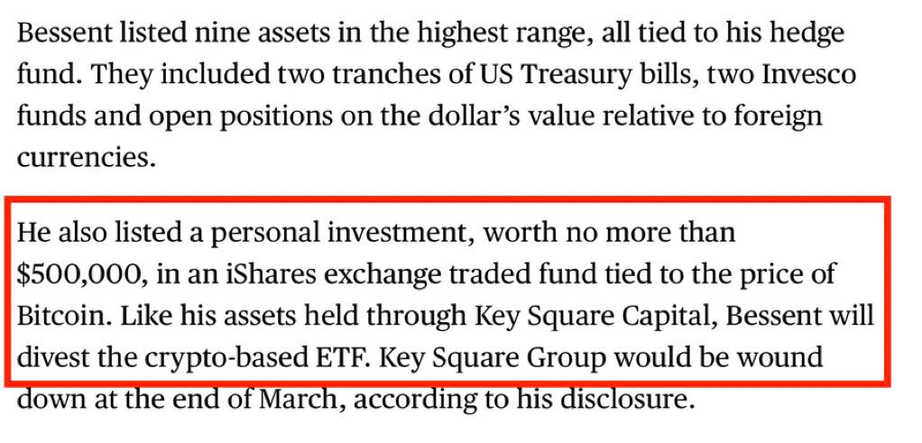 Новый министр финансов Скотт Бессент держит в биткойн-ETF от BlackRock до $500,000, которые он планирует продать перед вступлением в должность  — Bloomberg