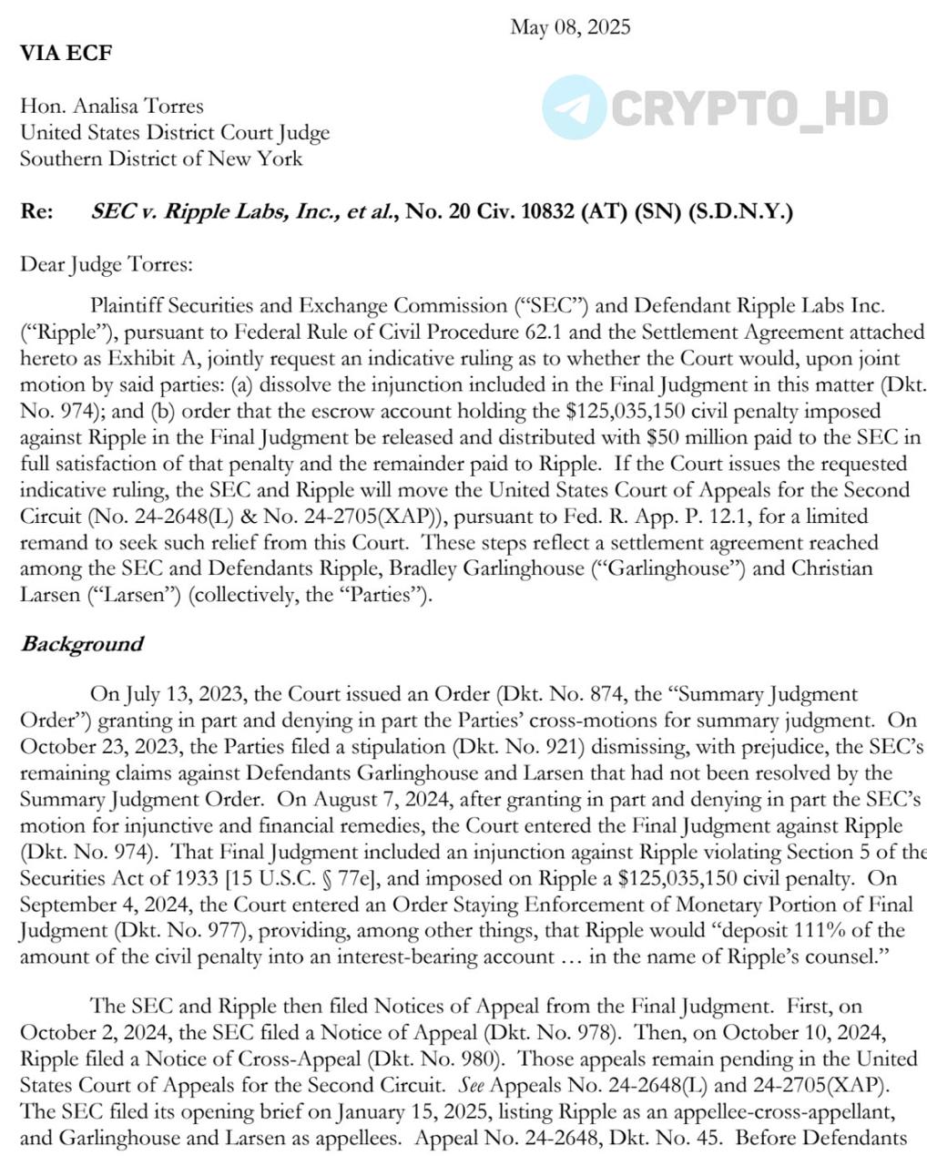 #XRP SEC vs Ripple – уже конец? документ SEC представила в суд мировое соглашение с Ripple: – Штраф снижен со $125m до $50m. – Обе стороны отзовут свои апелляции, завершив судебный процесс. – Суд должен утвердить решение и снять запреты на деятельность Ripple. Ранее: отчет о статусе дела Crypto Headlines