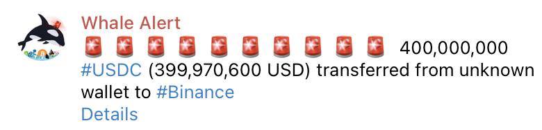 На биржу Binance только что была переведена сумма в 400,000,000 USDC. Оставайтесь в курсе последних новостей вместе с