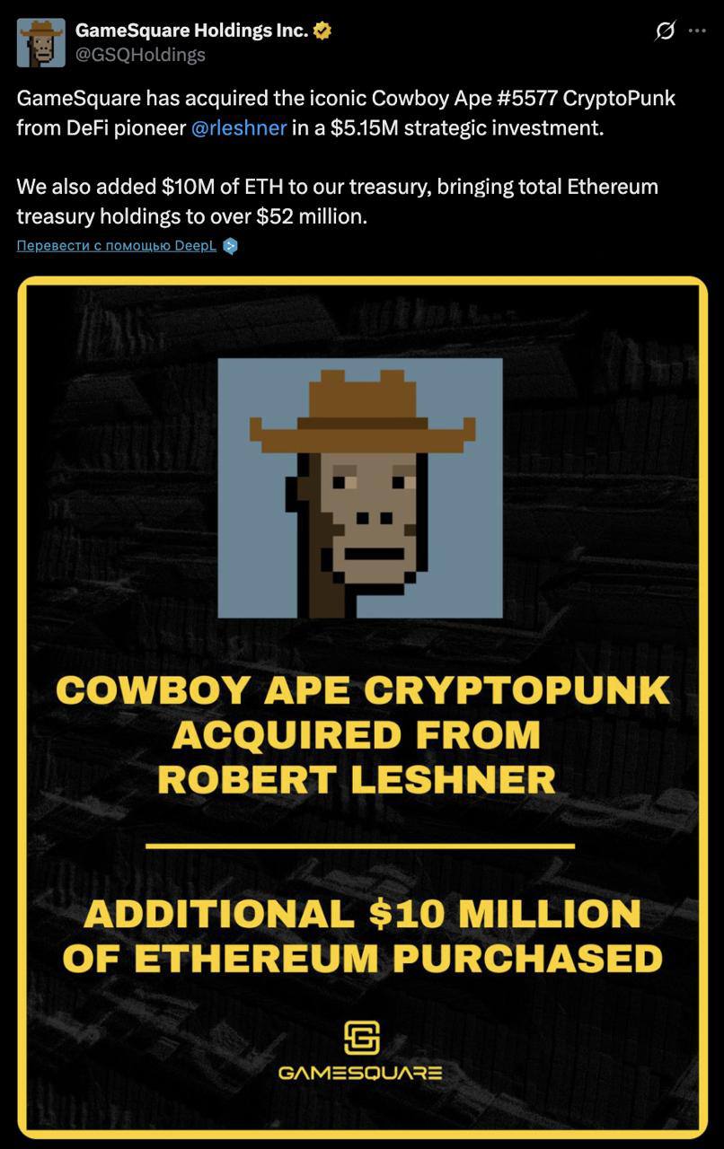 GameSquare Holdings приобрела Crypto Punk «Cowboy Ape» #5577 у основателя Compound за сумму в $5,15 миллиона.  Оставайтесь в курсе последних новостей вместе с