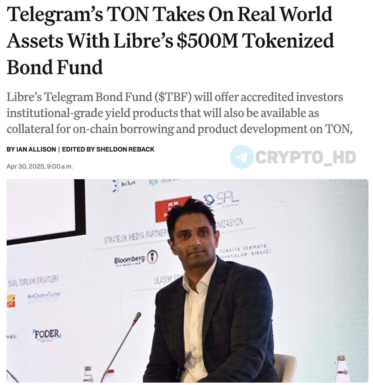 #ton   В Libre планируют токенизировать облигации Telegram на блокчейне TON  original   В Libre запустят Telegram Bond Fund  TBF  — фонд на 500,000,000$, обеспеченный облигациями Telegram и размещенный на блокчейне TON.  Цель проекта — не просто токенизация, а создание утилитарных финансовых инструментов с возможностью перемещения, залога и интеграции в DeFi.  Также в TON запускают платформу масштабирования TON Factory.   Ранее: новый CEO в TON Foundation  Crypto Headlines