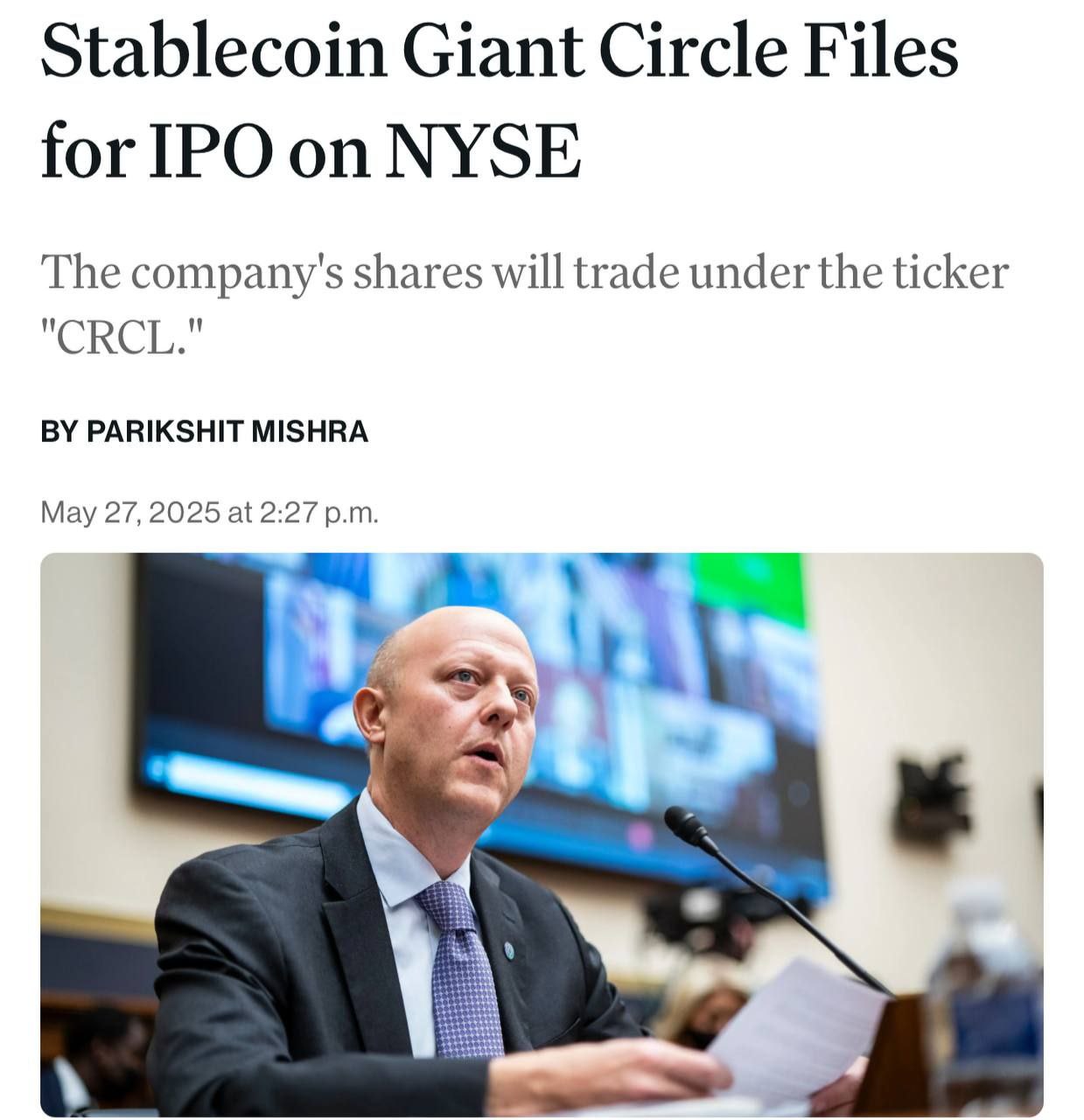 Circle подала заявку на первичное публичное размещение акций IPO на Нью-Йоркской фондовой бирже NYSE . Ожидаемая цена акций при размещении составляет от 24 до 26 долларов. Тикер компании — CRCL. КриптоТрейдер 888: КАНАЛ ЧАТ MEXC - биржа с самыми низкими комиссиями на торговл
