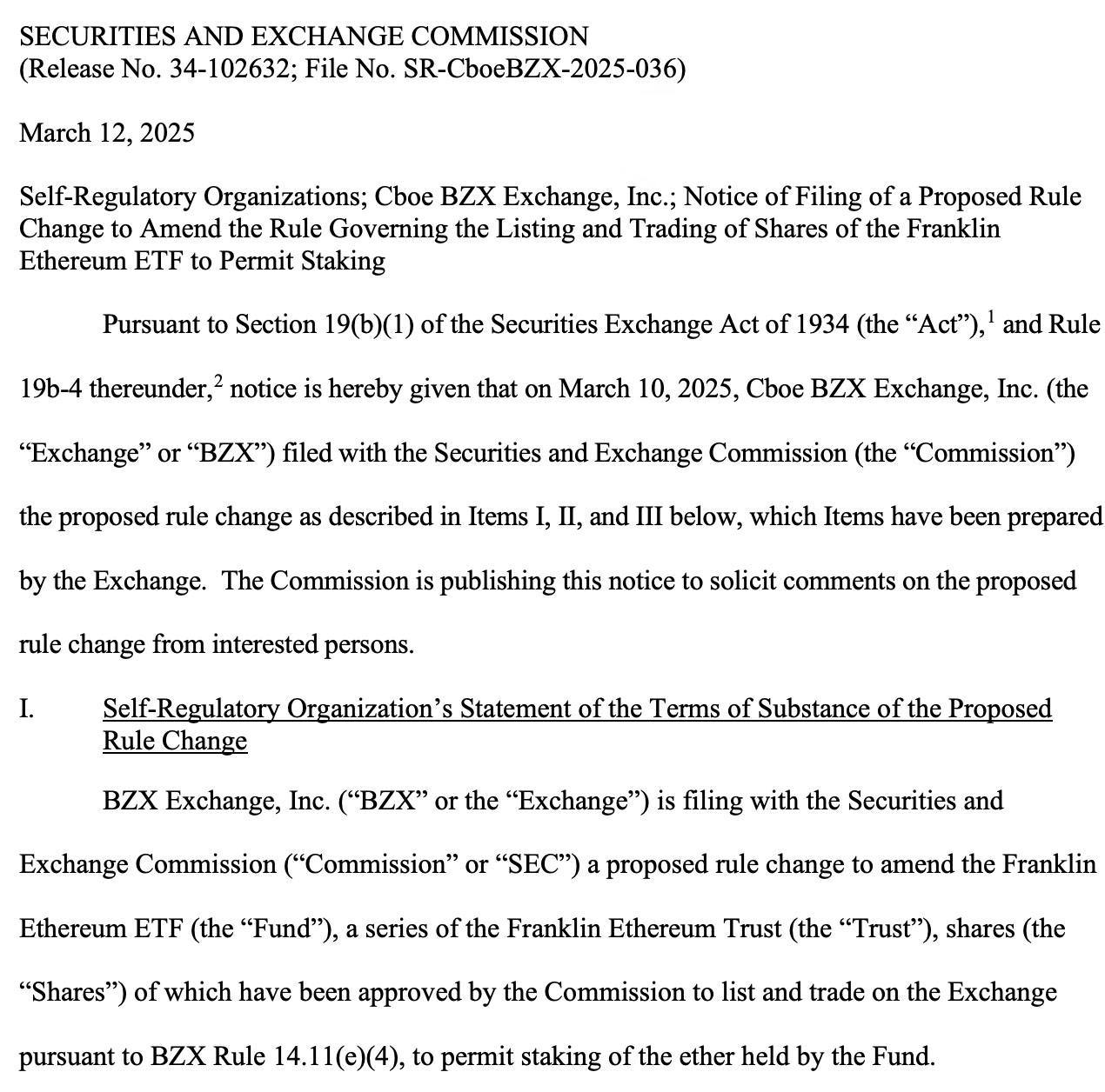 SEC начала рассматривать заявку Franklin Templeton на включение стейкинга в Ethereum ETF.