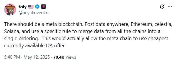 Сооснователь соланы собирается создать новый блокчейн который обьеденит в себе транзакции нескольких блокчейнов такие как Solana, Eth и Celestia