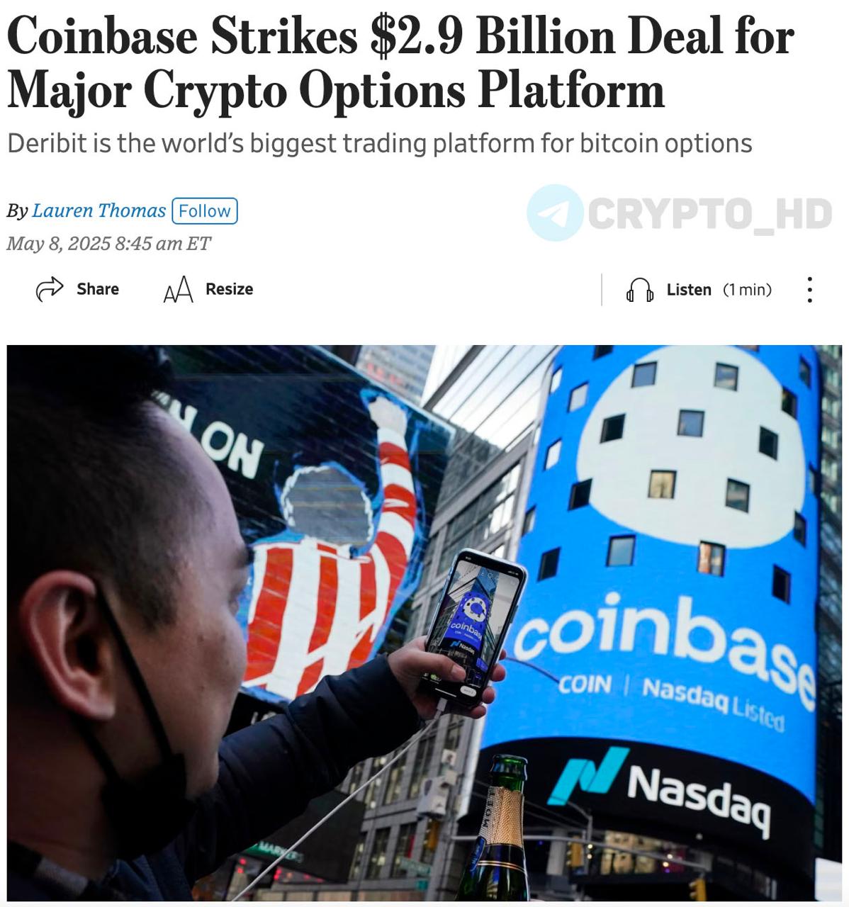 Криптобиржа Coinbase купит Deribit за 2,900,000,000$ – WSJ Deribit – ведущая мировая площадка для торговли опционами на Bitcoin и Ethereum, с объемом торгов, превышающим $1,200,000,000,000 в год. Сумма сделки: 700,000,000$ наличными и 11,000,000 обыкновенных акций Coinbase класса A. «Для Coinbase эта сделка станет выходом на высокодоходный рынок криптовалютных деривативов и призвана способствовать глобальному росту компании» – вице-президент Coinbase по институциональным продуктам Ранее: переговоры Crypto Headlines