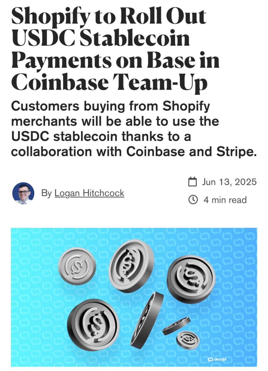 Shopify внедряет оплату в USDC через сеть Base от Coinbase Покупатели смогут оплачивать товары в интернет-магазинах Shopify напрямую в стейблкойне USDC — благодаря партнёрству с Coinbase и Stripe. Опция работает на L2-сети Base и уже доступна в раннем доступе, а в течение года появится у всех продавцов. CEO Shopify назвал стабильные токены «естественным способом расчётов в интернете» и подчеркнул, что компания «полностью разделяет ценности крипты».