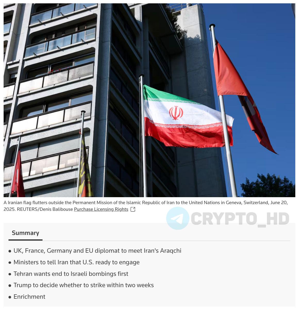 Reuters: Иран готов обсудить ограничения на обогащение урана. Перспектива нулевого обогащения, несомненно, будет отвергнута, особенно в условиях нападения Израиля на Иран. Министры иностранных дел Великобритании, Франции, Германии и ЕС сегодня встречаются с министром иностранных дел Ирана в Женеве. Европейцы передадут Ирану сообщение о готовности США к прямым переговорам. США требуют полного прекращения обогащения урана Ираном. Европейские страны E3 ранее допускали ограниченное обогащение для гражданских целей при строгом международном контроле. Президент Франции сместился к позиции Трампа, поддержав идею "нулевого обогащения". Иран готов обсуждать ограничения на обогащение урана, но категорически отвергает полный запрет. Иран отказывается вести переговоры с администрацией Трампа до прекращения израильских атак. Ранее: 2 недели Crypto Headlines