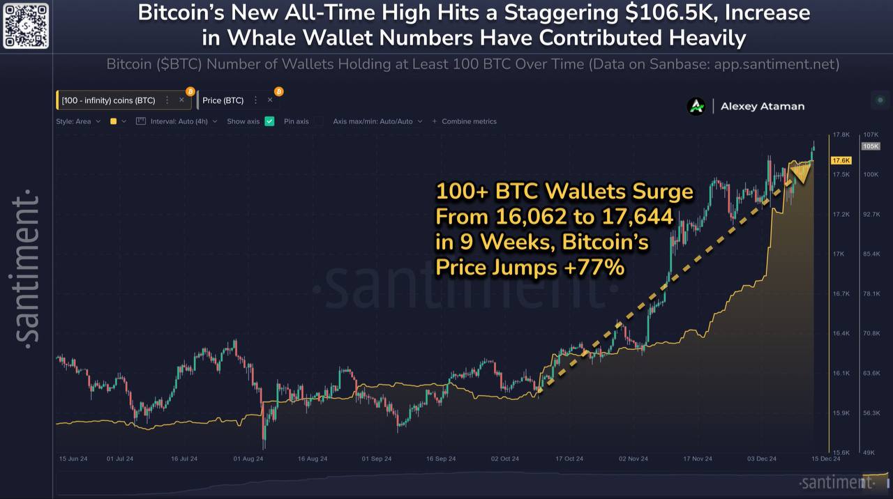 Santiment: #BTC впервые за свою 16+ летнюю историю поднялся до $106,5K  С момента начала бычьего ралли 10 октября количество кошельков, на которых хранится не менее 100 BTC, увеличилось на 1 582, то есть на +9,9 % за относительно короткий период времени.    Ataman     OKX     Чат