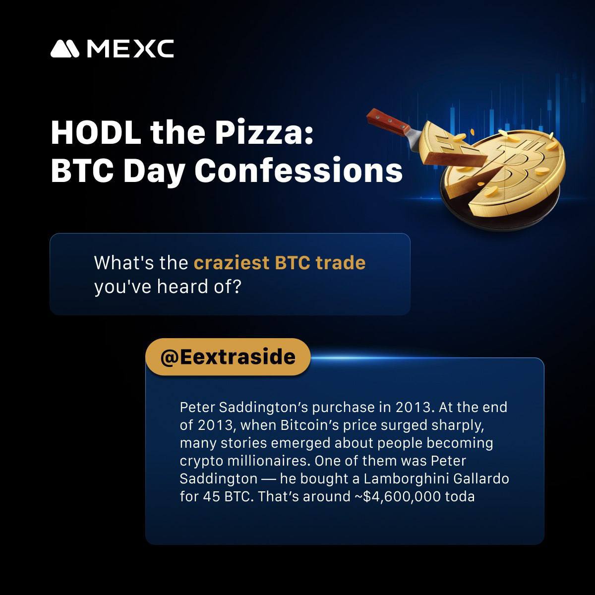 Самая безумная сделка за BTC Многое знают что 22 мая 2010 произошло событие, которое стало поворотным моментом в истории криптовалюты. Именно в этот весенний день программист Ласло Хейниц из США впервые применил биткоины для покупки реального продукта. Ему удалось заказать 2 пиццы, и за них ему пришлось заплатить 10 000 биткоинов А вы знаете о других безумных покупках за биткоины? Посмотрите мой ответ и ответы топ-KOLов на странице MEXC. ТЫК ТЫК ⏺Регистрация на MEXC - ТЫК ⏺Регистрация в событии «Вечеринка ко дню BTC-Пиццы» - ТЫК #MEXC_Official #MEXCPizzaDay #BTCPizzaDay