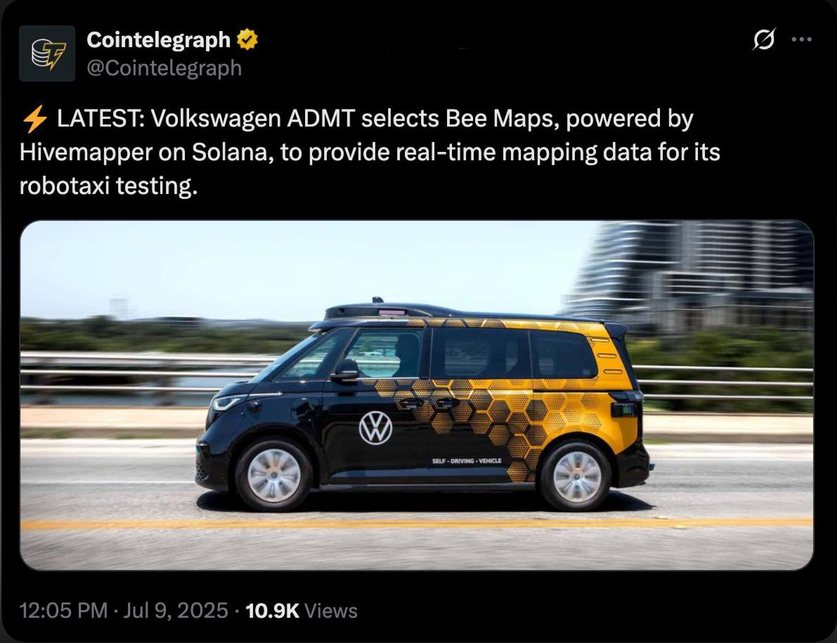 Volkswagen использует Solana Volkswagen будет использовать Bee Maps от Hivemapper экосистема Solana для тестов Robotaxi. Обычные водители собирают видео дорог, ИИ анализирует данные, а обновления моментально попадают в навигацию. Это DePIN-подход: сообщество получает $HONEY-токены за реальные данные, без монополии Google или HERE. Такой способ дешевле и быстрее классических геоданных. Solana здесь ключевая — микронаграды возможны только благодаря низким комиссиям и высокой скорости блокчейна. Это первый автогигант, кто реально внедряет децентрализованное картографирование, а Hivemapper покрывает уже 16% дорог мира. Инфраструктура будущего — децентрализована. Если Robotaxi поедет с такими картами, тренд подхватят и другие индустрии. Новости криптовалют