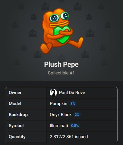 Глава Telegram Павел Дуров получил один из самых дорогих NFT-подарков в экосистеме мессенджера — Plush Pepe #1 из коллекции Plush Pepes. Стоимость токена на вторичном рынке составила 14 850 TON 4 млн рублей или $47 000 . Новости AI YouTube