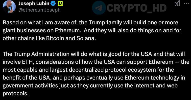 #инсайд #eth #sol   CEO Consensys: Семья Трампа запустит один или несколько крупных проектов на блокчейне Ethereum.   В конечном итоге возможно использование технологий Ethereum в правительственной деятельности  как сейчас используют интернет и веб-протоколы .  + Bitcoin и Solana не останутся без внимания.  Ранее: покупки WLFI  Crypto Headlines