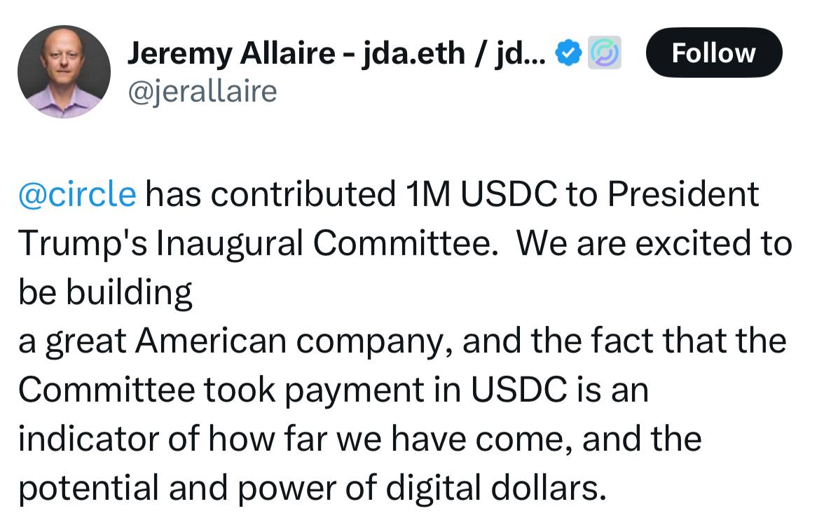 Крипто-компанії та Google профінансували інавгурацію Трампа. Circle пожертвували 1 млн USDC на інавгурацію Дональда Трампа. По 1 млн доларів також виділили Coinbase, Kraken і Google, а Ripple внесла 5 млн доларів в XRP. Нагадаю інавгурація Трампа 20 січня CryptoFace