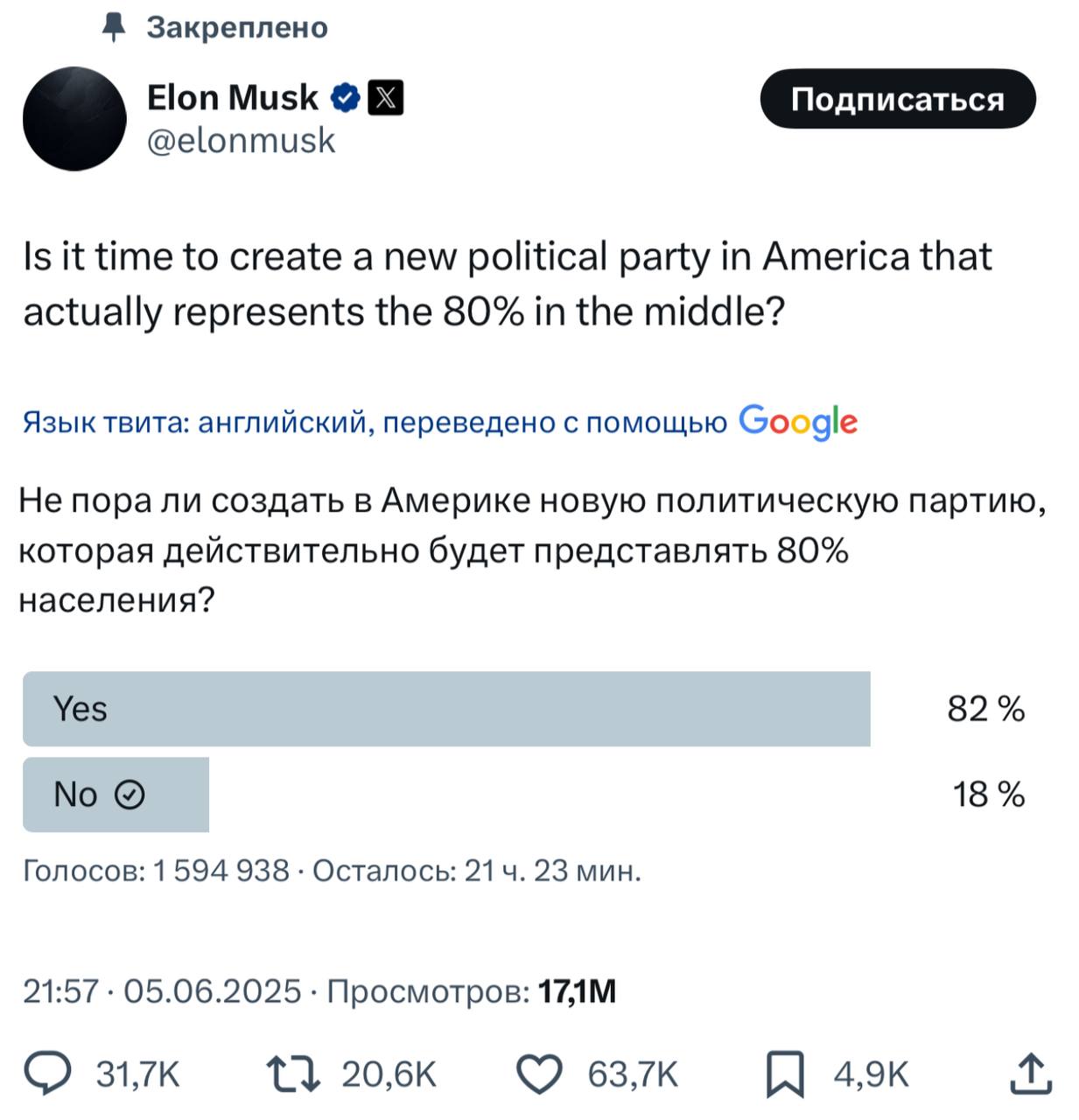 Илон в твиттере устроил опрос: «Не пора ли создать в Америке новую политическую партию, которая действительно будет представлять 80% населения?» Я ответил нет, потому что Илона нельзя допускать к рулю, он часто теряет связь со спутником Торговать лучше на Bingx.com/KhairullinTrade Telega YouTube Insta Twitter