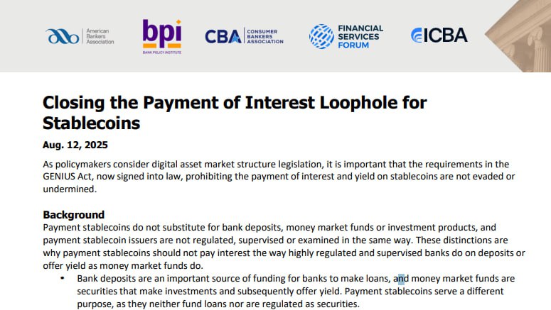 Американская банковская ассоциация, BPI, CBA, Financial Services Forum и ICBA требуют закрыть лазейку по выплате процентов на стейблкоины • Банковские ассоциации призывают Конгресс устранить возможность обхода закона GENIUS, который запретил эмитентам стейблкоинов выплачивать проценты держателям. • Биржи и аффилированные компании могут косвенно выплачивать доходность, что по оценкам Минфина США может привести к оттоку $6.6 трлн банковских депозитов, сократить кредитование бизнеса и домохозяйств, повысить процентные ставки. ℹ Стейблкоины с доходностью создают честную конкуренцию банковским депозитам, заставляя банки повышать ставки вкладчикам. Эти же банки через своих крипто-подразделения и партнёрства планируют фармить доходность от стейблкоинов, получая комиссии за кастоди и управление резервами. Это классический regulatory capture — банки лоббируют ограничения для конкурентов, сохраняя себе доступ к прибыльным крипто-продуктам через "регулируемые" каналы. Тем временем: Eden Network ранее Archer DAO , основанная в 2020 году для извлечения MEV-прибыли майнерами Ethereum, объявила о прекращении деятельности из-за высокой конкуренции и операционных расходов. Проект закрывает все сервисы Eden RPC, Eden Bundles, Mempool Stream и распределяет 2,000 ETH среди держателей EDEN токенов до 30 сентября только для не-американских резидентов. OKX объявила об одноразовом сжигании ~65.25 млн OKB и переходе на автоматическое сжигание через смарт-контракты с отправкой в burn-адрес. Торговый клуб Поддержка