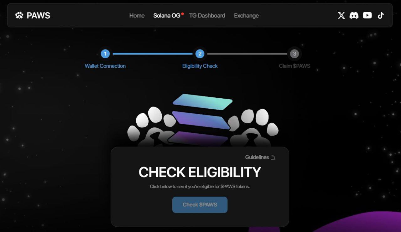 На сайте PAWS появился чекер Solana OG, отдельный дроп за активность в Solana.  Начался дополнительный дроп токенов для активных пользователей Solana