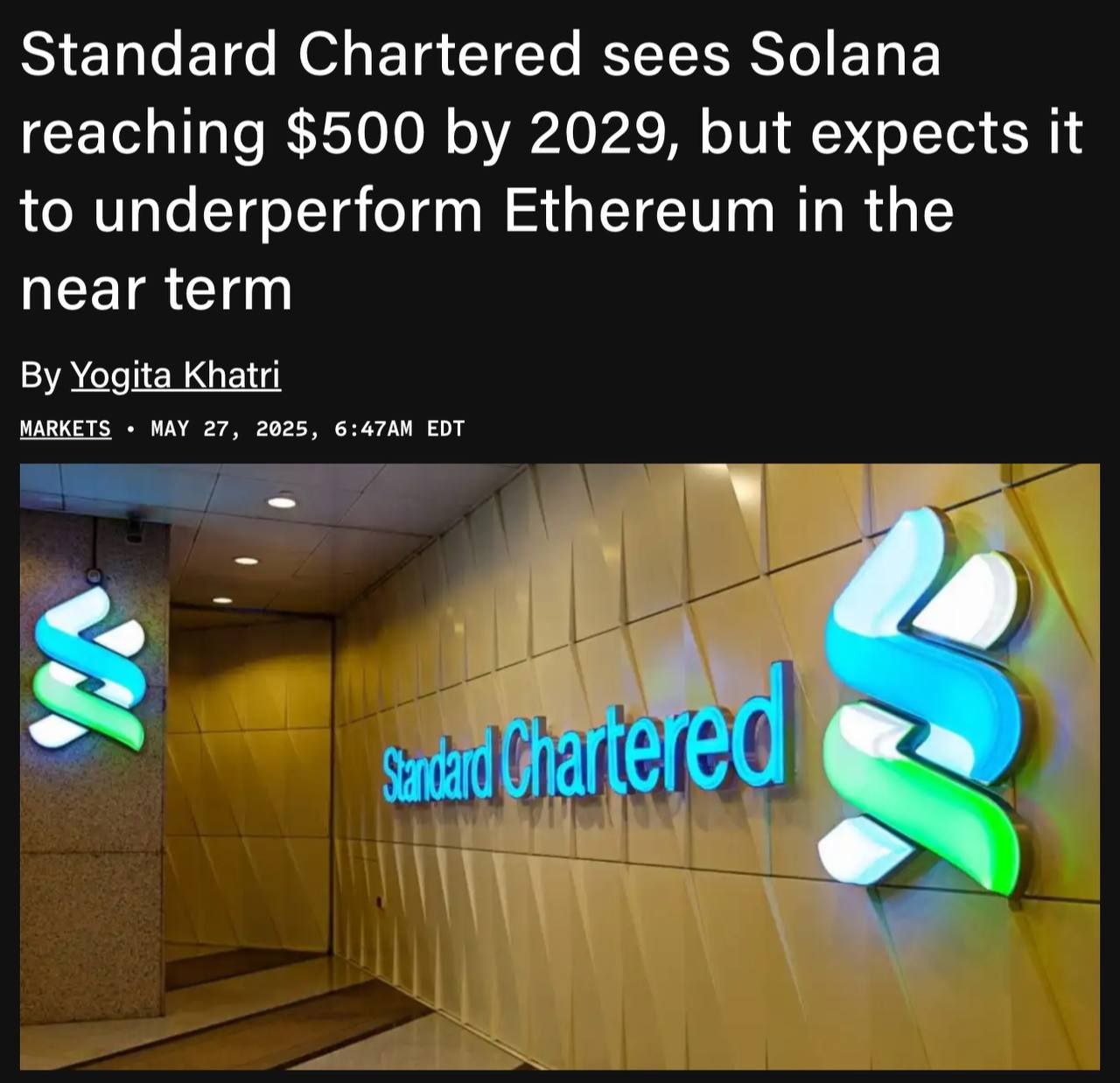 Standard Chartered прогнозирует, что к 2029 году цена Solana может вырасти до $500, однако в ближайшем будущем она, по их мнению, не сможет обойти Ethereum. КриптоТрейдер 888: КАНАЛ ЧАТ MEXC - биржа с самыми низкими комиссиями на торговл