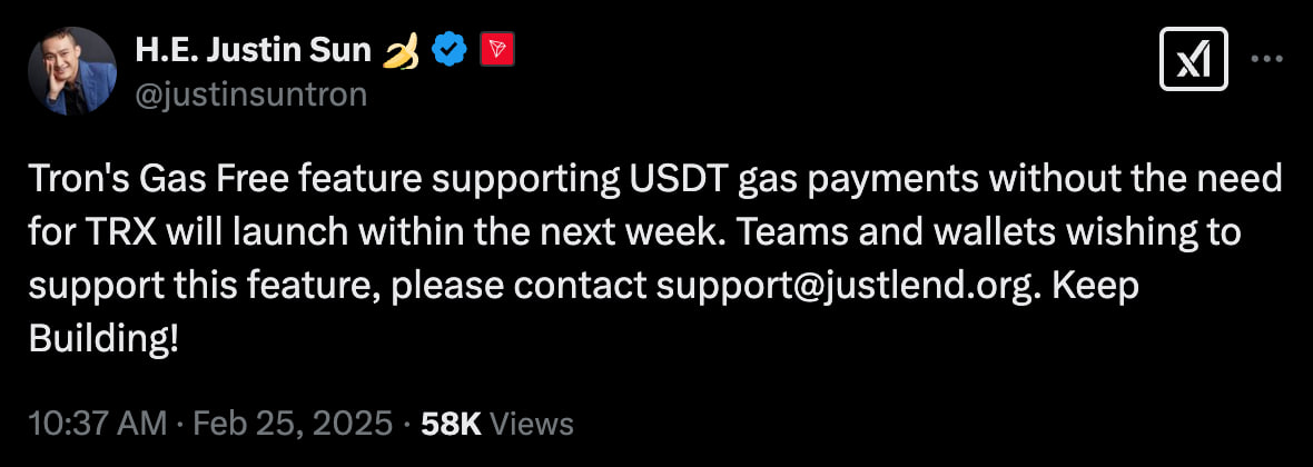 На Tron уберут комиссии на USDT-транзакции  Джастин Сан заявил, что на следующей неделе в сети Tron запустят функцию Gas Free — транзакции в USDT станут бесплатными и не будут требовать TRX на кошельке.  Airdrops   News   WaitingRoom