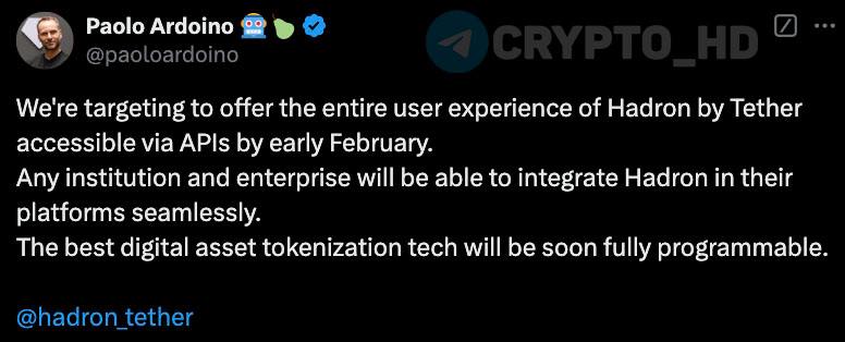 #usdt #rwa   Tether запустит свою платформу для токенизации активов Hadron в начале февраля 2025 года – Paolo Ardoino   Сегодня: Tether в ЕС  Crypto Headlines